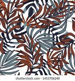 Summer abstract seamless pattern with colorful tropical leaves and plants on white background. Vector design. Jungle print. Floral background. Printing and textiles. Exotic tropics. Fresh design.