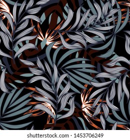 Summer abstract seamless pattern with colorful tropical leaves and plants on black background. Vector design. Jungle print. Floral background. Printing and textiles. Exotic tropics. Fresh design.