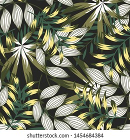 Summer abstract seamless pattern with colorful tropical leaves and plants on a gray background. Vector design. Jungle print. Flowers background. Printing and textiles. Exotic tropics. Fresh design.