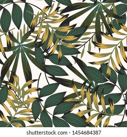 Summer abstract seamless pattern with colorful tropical leaves and plants on white background. Vector design. Jungle print. Flowers background. Printing and textiles. Exotic tropics. Fresh design.