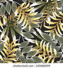 Summer abstract seamless pattern with colorful tropical leaves and plants on a gray background. Vector design. Jungle print. Flowers background. Printing and textiles. Exotic tropics. Fresh design.