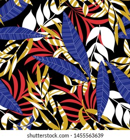 Summer abstract seamless pattern with colorful tropical leaves and plants on black background. Vector design. Jungle print. Floral background. Printing and textiles. Exotic tropics. Fresh design.