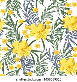 Summer abstract seamless pattern with colorful tropical leaves and plants on white background. Vector design. Jungle print. Flowers background. Printing and textiles. Exotic tropics. Fresh design.