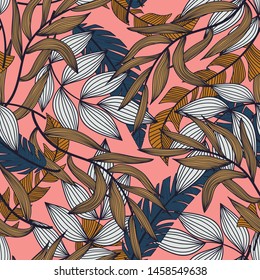 Summer abstract seamless pattern with colorful tropical leaves and plants on pink background. Vector design. Jungle print. Flowers background. Printing and textiles. Exotic tropics. Fresh design.