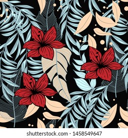 Patrón abstracto de verano sin fisuras con hojas tropicales coloridas y plantas sobre fondo negro. Diseño de vectores. Impresión de selva. Fondo de flores. Impresión y textiles. Tropos exóticos. Diseño fresco.