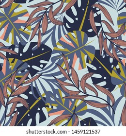 Summer abstract seamless pattern with colorful tropical leaves and plants on white background. Vector design. Jungle print. Flowers background. Printing and textiles. Exotic tropics. Fresh design.