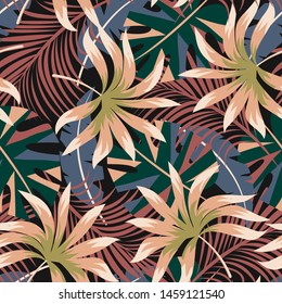 Summer abstract seamless pattern with colorful tropical leaves and plants on a dark background. Vector design. Jungle print. Flowers background. Printing and textiles. Exotic tropics. Fresh design.