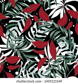 Summer abstract seamless pattern with colorful tropical leaves and plants on black background. Vector design. Jungle print. Flowers background. Printing and textiles. Exotic tropics. Fresh design.
