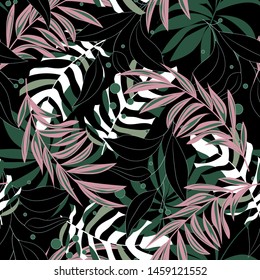 Summer abstract seamless pattern with colorful tropical leaves and plants on black background. Vector design. Jungle print. Flowers background. Printing and textiles. Exotic tropics. Fresh design.