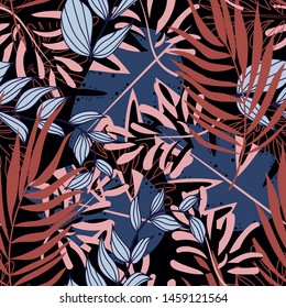 Summer abstract seamless pattern with colorful tropical leaves and plants on a dark background. Vector design. Jungle print. Flowers background. Printing and textiles. Exotic tropics. Fresh design.