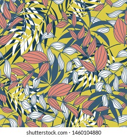 Summer abstract seamless pattern with colorful tropical leaves and plants on yellow background. Vector design. Jungle print. Flowers background. Printing and textiles. Exotic tropics. Fresh design.