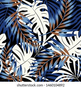 Summer abstract seamless pattern with colorful tropical leaves and plants on a dark background. Vector design. Jungle print. Flowers background. Printing and textiles. Exotic tropics. Fresh design.