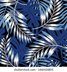 Summer abstract seamless pattern with colorful tropical leaves and plants on a dark background. Vector design. Jungle print. Flowers background. Printing and textiles. Exotic tropics. Fresh design.