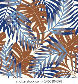 Summer abstract seamless pattern with colorful tropical leaves and plants on pastel background. Vector design. Jungle print. Flowers background. Printing and textiles. Exotic tropics. Fresh design.