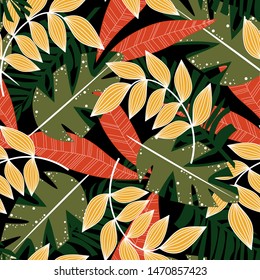 Summer abstract seamless pattern with colorful tropical leaves and plants on a dark background. Vector design. Jungle print. Floral background. Printing and textiles. Exotic tropics. Summer design.