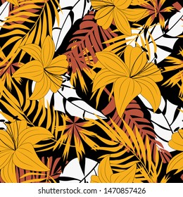 Summer abstract seamless pattern with colorful tropical leaves and flowers on black background. Vector design. Jungle print. Floral background. Printing and textiles. Exotic tropics. Summer design.