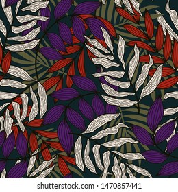 Summer abstract seamless pattern with colorful tropical leaves and flowers on green background. Vector design. Jungle print. Floral background. Printing and textiles. Exotic tropics. Summer design.