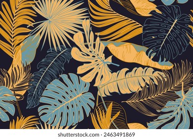 Summer abstract seamless pattern with colorful tropical leaves and plants on a dark background. Vector design. Jungle print. Floral background. Printing and textiles. Exotic tropics. Fresh design.