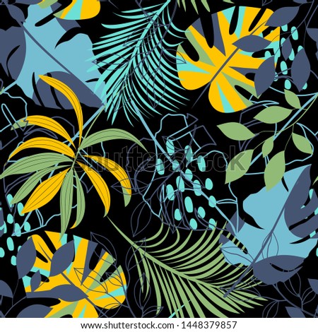 Summer abstract seamless pattern with colorful tropical leaves and plants on black background. Vector design. Jungle print. Floral background. Printing and textiles. Exotic tropics. Fresh design.