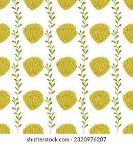 Summer abstract seamless pattern of marine plants. Algae green and shell.Marine theme. Print design, wallpaper, packaging. Vector flat illustration.