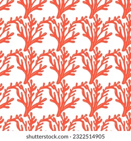 Summer abstract seamless pattern of marine plants. Coral. Marine theme. Print design, wallpaper, packaging. Vector flat illustration.