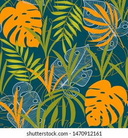 Summer abstract seamless pattern with tropical leaves and plants on a blue background. Jungle seal. Vector design. The background floral. Textiles and printing. Exotic, tropical.