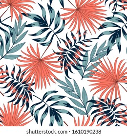 Summer abstract seamless pattern. Tropical leaves and plants on a white background. Illustration in Hawaiian style. Jungle leaves. Botanical pattern. Vector background for various surface. 