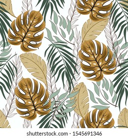 Summer abstract seamless tropical pattern in bright colors on a light background. Beautiful print with hand drawn exotic plants. Colorful stylish floral.