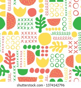 Summer abstract seamless vector pattern. Green yellow coral red leaf plant and geometric shapes.