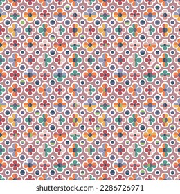 Summer abstract seamless vector pattern with stylised colourful happy flowers and polka dots on pink. Decorative geometric floral grid texture for wallpaper, prints, fashion fabrics and home decor. 