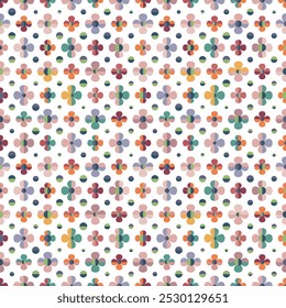 Summer abstract seamless vector pattern with stylised flowers and polka dots. Decorative geometric floral grid texture for wallpaper, prints, fashion fabrics and home decor. 