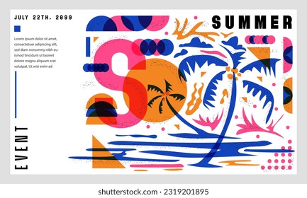 Summer Abstract Shapes Banner Template for Print and Digital Invitation Promotion and Advertisement, Risograph Vector Illustration