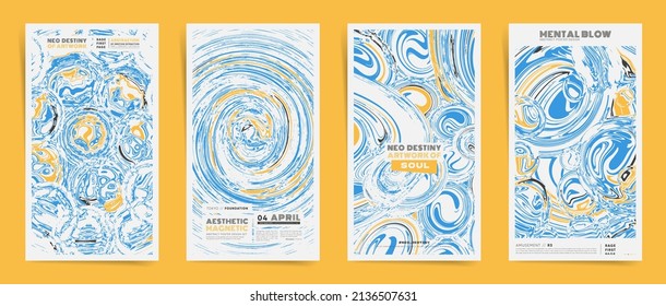 Summer Abstract template design with typography for stories poster. posts, flyer, brochure, placard, presentation or cover. Vector blue and yellow liquid and rounded shape background set.	