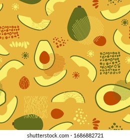 Summer abstract tropical fruit geometric seamless pattern with avocado and hand drawn memphis style elements on yellow background. Cute vector texture for textile print, wallpaper, wrapping paper.