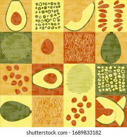 Patrón de frutas tropicales abstractas de verano, sin fisuras geométricas, con elementos de doodle dibujados a mano y textura de grunge. Fondo orgánico cuadrado. Tejido vectorial para papel textil, papel tapiz.