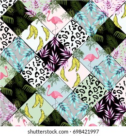 Summer abstract, tropical,colorful,geometric pattern with palm leaves,flamingos,bananas,leopard print and triangles.For textile,texture,wallpaper,t-shirt graphic and decor design.Vector illustration.