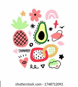 Summer abstract t-shirt design. Circle vector shapes on white background. Modern shape trendy geometric texture. Doodle kids art illustration, graphic woman girl design. Simple round fruits elements