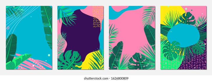 Summer abstract vector background set. Pattern design with tropical plants, wave geometric shapes and empty copy space at the center. Trendy minimal frames in simple flat style.