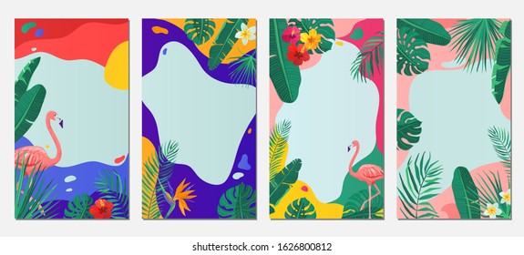 Summer abstract vector background set. Pattern design with tropical plants, flowers, flamingo, wave geometric shapes and empty copy space at the center. Minimal frame template in simple flat style.