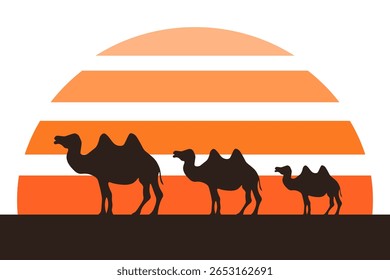 Resumo do verão. Ilustração vetorial da bandeira de verão inclui camelos karavan no fundo do sol abstrato. Cartaz perfeito do banner da parede do quarto interior. Imagem pronta t-shirt capuz imprimir. EPS 10 