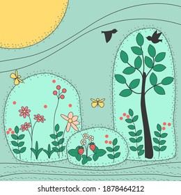 Summer. Abstract vector illustration with flowers, trees, butterflies, birds on a blue background