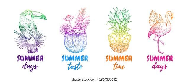 Summer abstract vector. Tropic summer poster background. Music memphis design graphic set. Fashion beach party art. Toucan coconut pineapple flamingo. Modern line t shirt illustration with font print