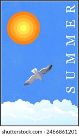 Póster de Vertical abstracta de verano tarjeta de cubierta de Anuncio nubes de pájaro del sol mínimas arte Diseño gráfico de Ilustración vectorial con cielo azul vacaciones tour de viajes publicidad fondo azul creativo
