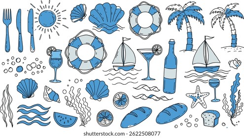 Sommer, abstrakt, Welle, Kreide, Holzkohle, doodle, kritzen, grunge, Vignettierung, Kratzer, Zeichnung, blau, Vektor, Illustration, Meer, Strand, Vintage, Küste, Mittelmeer, Hintergrund, Symbol, Druck, Hand,