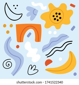 Resumen de verano.Conjunto de formas dibujadas a mano y objetos de doodle.Resumen de la geométrica moderna de los vectores   ilustración.Diseño de afiches de pintura.Varias formas.