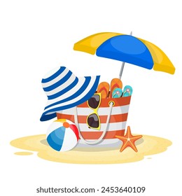 Summer accessories for the beach. Bag, sunglasses, flip flops, starfish, ball, Umbrella . Vector illustration in flat style