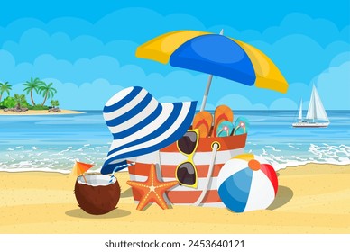 Accesorios de verano para la playa Bolso, gafas de sol, chanclas, estrella de mar, bola, paraguas . Con el sol como fondo, el mar y las palmeras. Ilustración vectorial en estilo plano