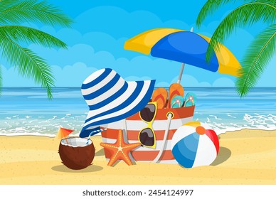 Accesorios de verano para la playa Bolso, gafas de sol, chanclas, estrella de mar, bola, paraguas . Con el sol como fondo, el mar y las palmeras. Ilustración vectorial en estilo plano