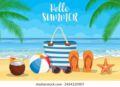 Summer accessories for the beach. Bag, sunglasses, flip flops, starfish, ball. Against the background of the sun the sea and palm trees. Vector illustration in flat style