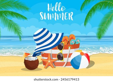 Summer accessories for the beach. Bag, sunglasses, flip flops, starfish, ball. Against the background of the sun the sea and palm trees. Vector illustration in flat style